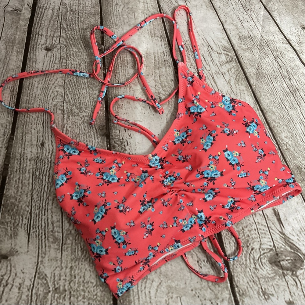 Cupshe Coral and Blue Floral Bikini Top Padded Cups Ruched Front Laced Back